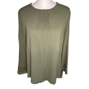 Time and Tru Women's Medium‎ Olive Branch Green Crinkle Embroidered Peasant Top